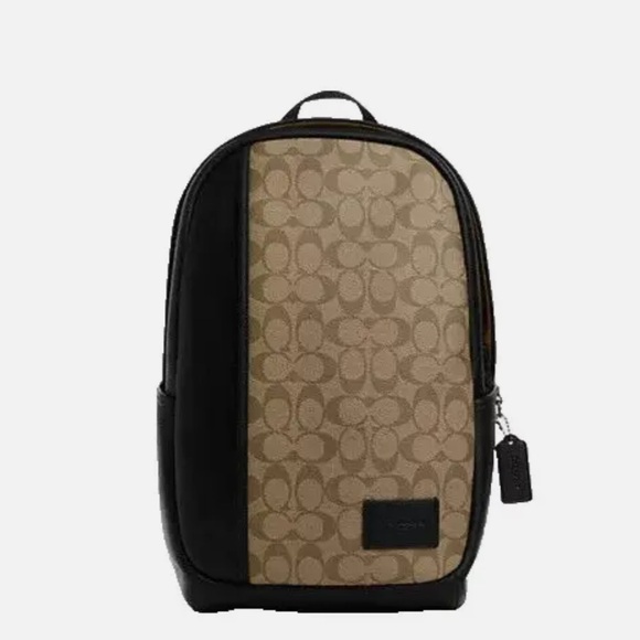 NWT  Coach Men's Khaki/Black Signature Canvas & Leather Edge Backpack- CM024 - Picture 2 of 7